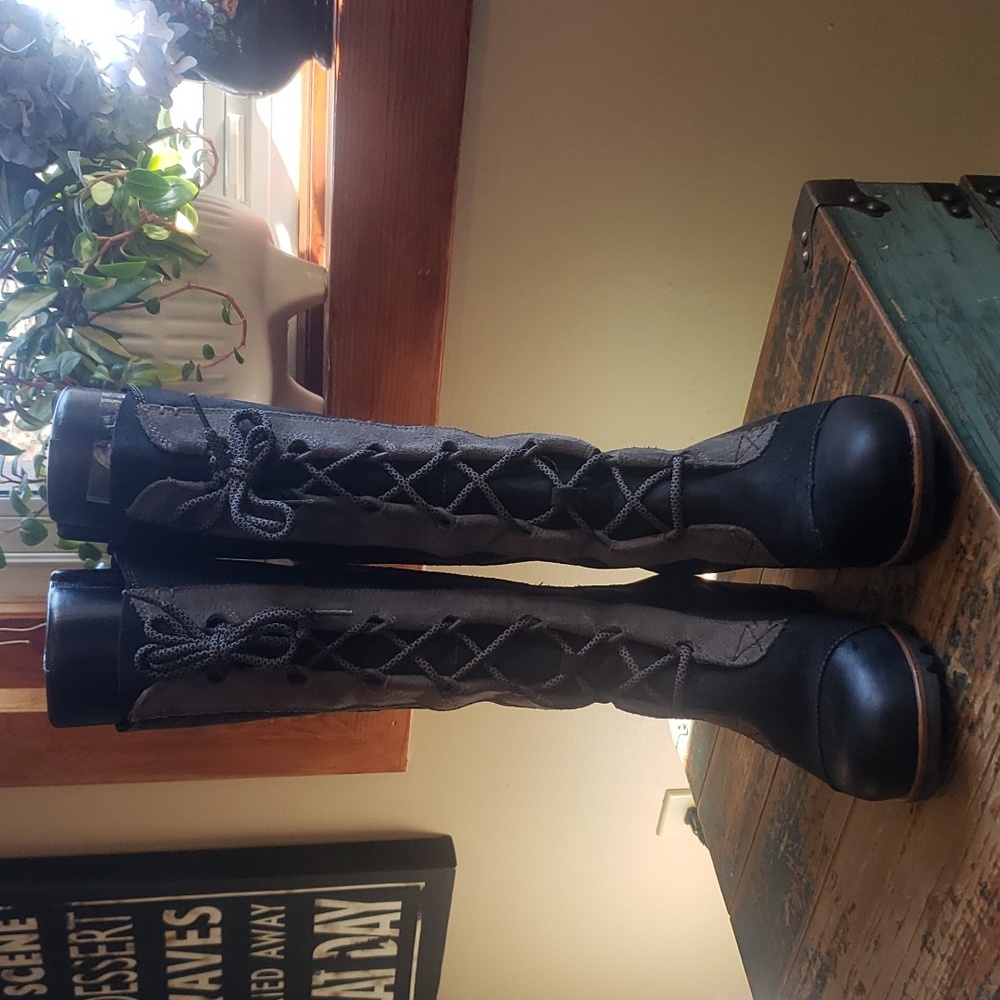 Sorel CATE THE GREAT WEDGE - WOMEN'S Boots Black & Gray Leather Knee High SZ 9